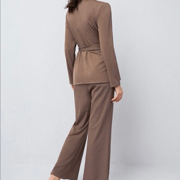 SOLD Mocha Brown Ribbed Wrap Belted Robe Top Flare Pajama Lounge Pants Set M - Picture 4 of 8